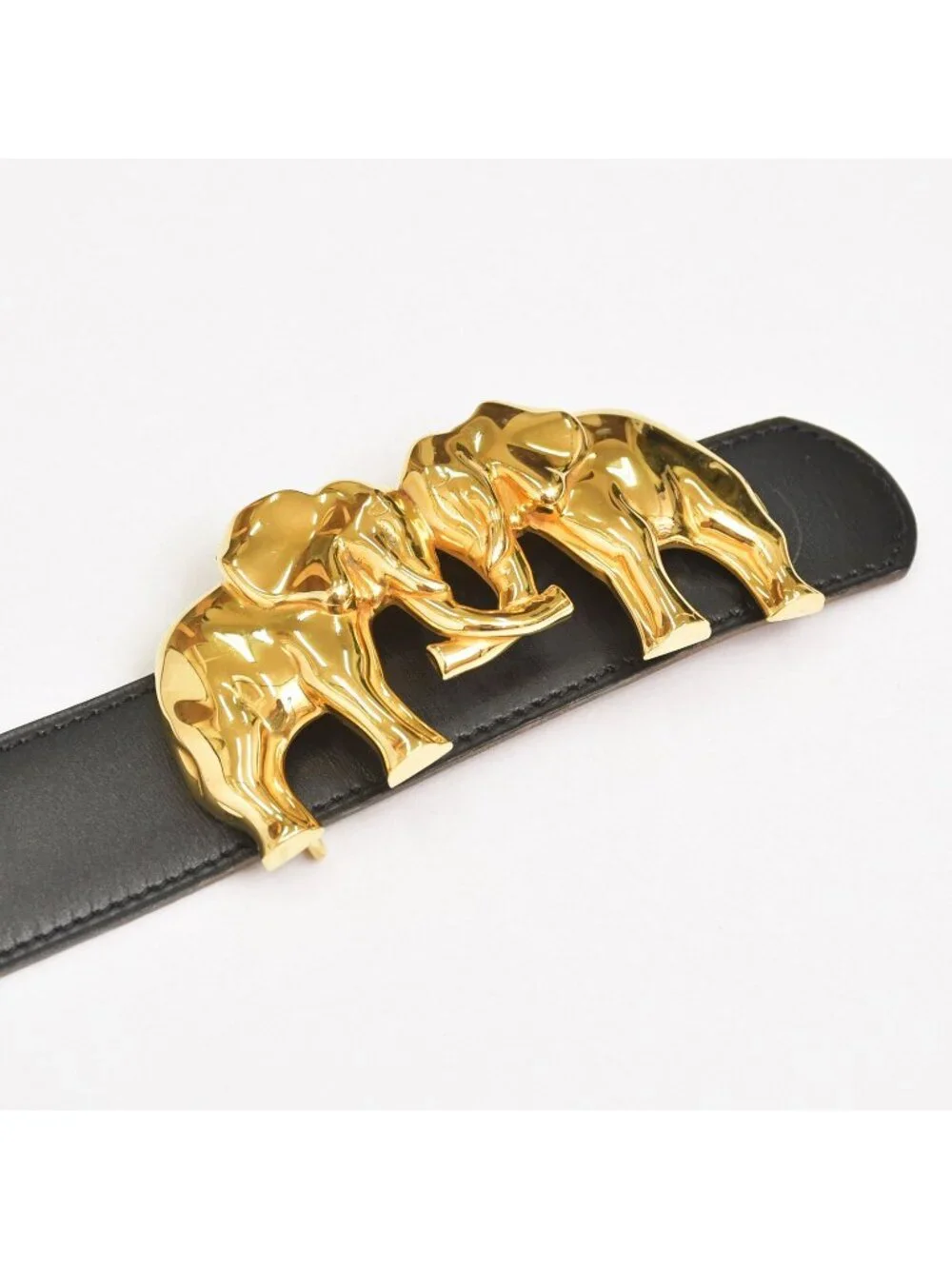 Hermes Elephant Motif Belt 5 Statue Gold Buckle Leather Plated Black Brown